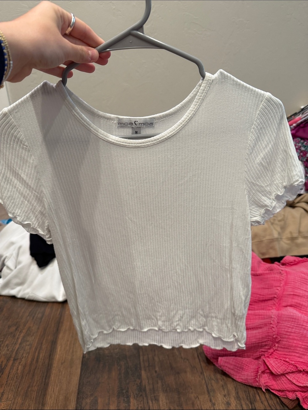 Moa Moa White Ribbed Lettuce-Edge Crop Tee